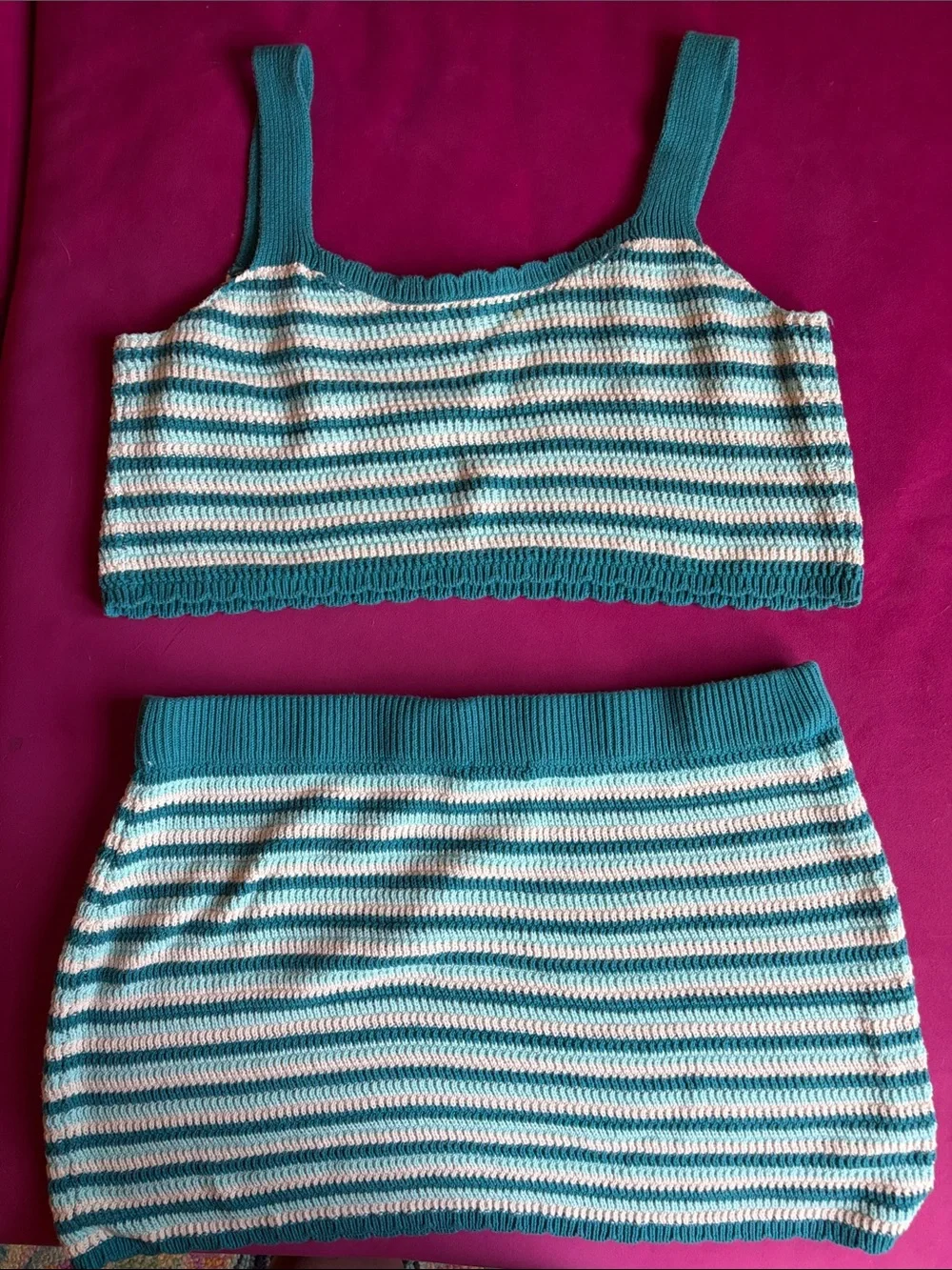 Striped Teal and White Knit Crop Top and Skirt set.